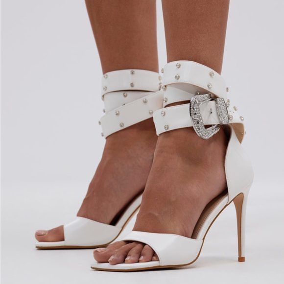 Azalea Wang Shoes - White Rhinestone Buckle Strap Stiletto Sandals